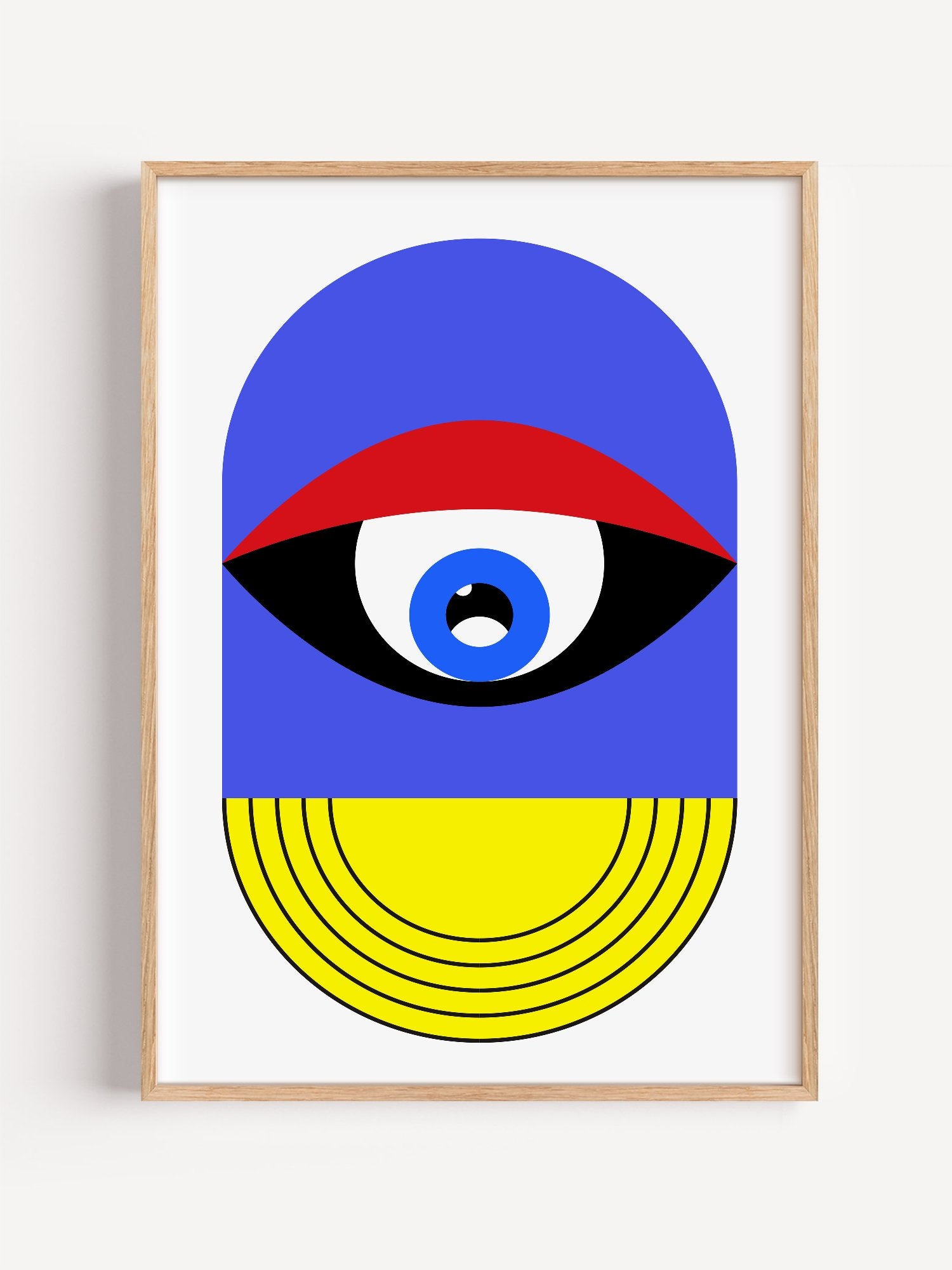Pop art portrait print featuring geometric eye with concentric circles in blue, close-up showing print texture and color d...