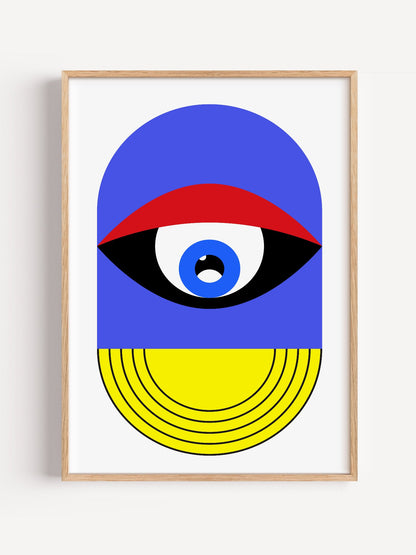 Pop art portrait print featuring geometric eye with concentric circles in blue, close-up showing print texture and color d...