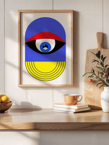 Pop art portrait print featuring geometric eye with concentric circles in blue, hanging in contemporary bedroom interior