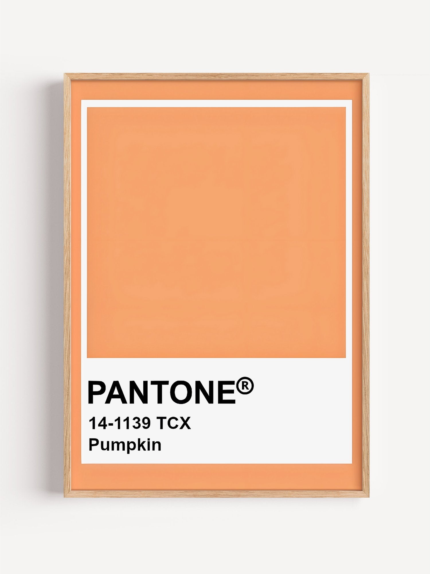 Pantone Pumpkin 14-1139 TCX orange wall art print, minimalist graphic poster, close-up showing print texture and color detail