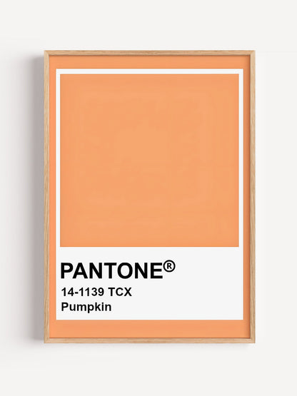 Pantone Pumpkin 14-1139 TCX orange wall art print, minimalist graphic poster, close-up showing print texture and color detail