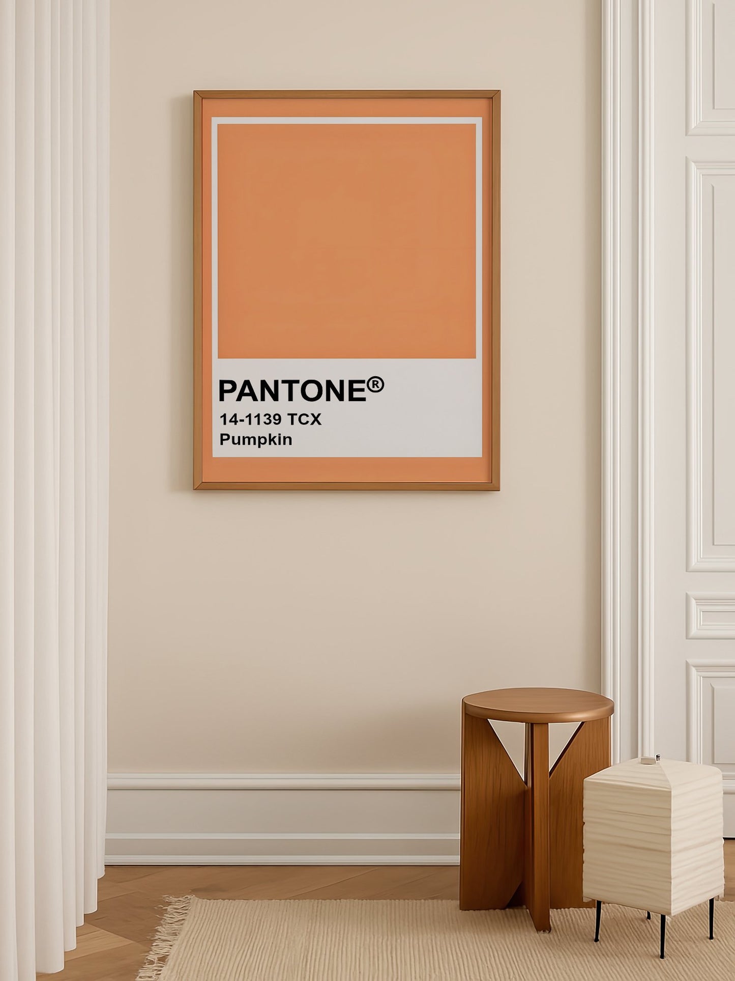 Pantone Pumpkin 14-1139 TCX orange wall art print, minimalist graphic poster, shown in minimalist home office space