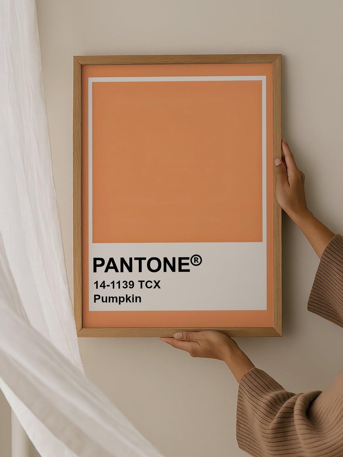Pantone Pumpkin 14-1139 TCX orange wall art print, minimalist graphic poster, hanging in contemporary bedroom interior