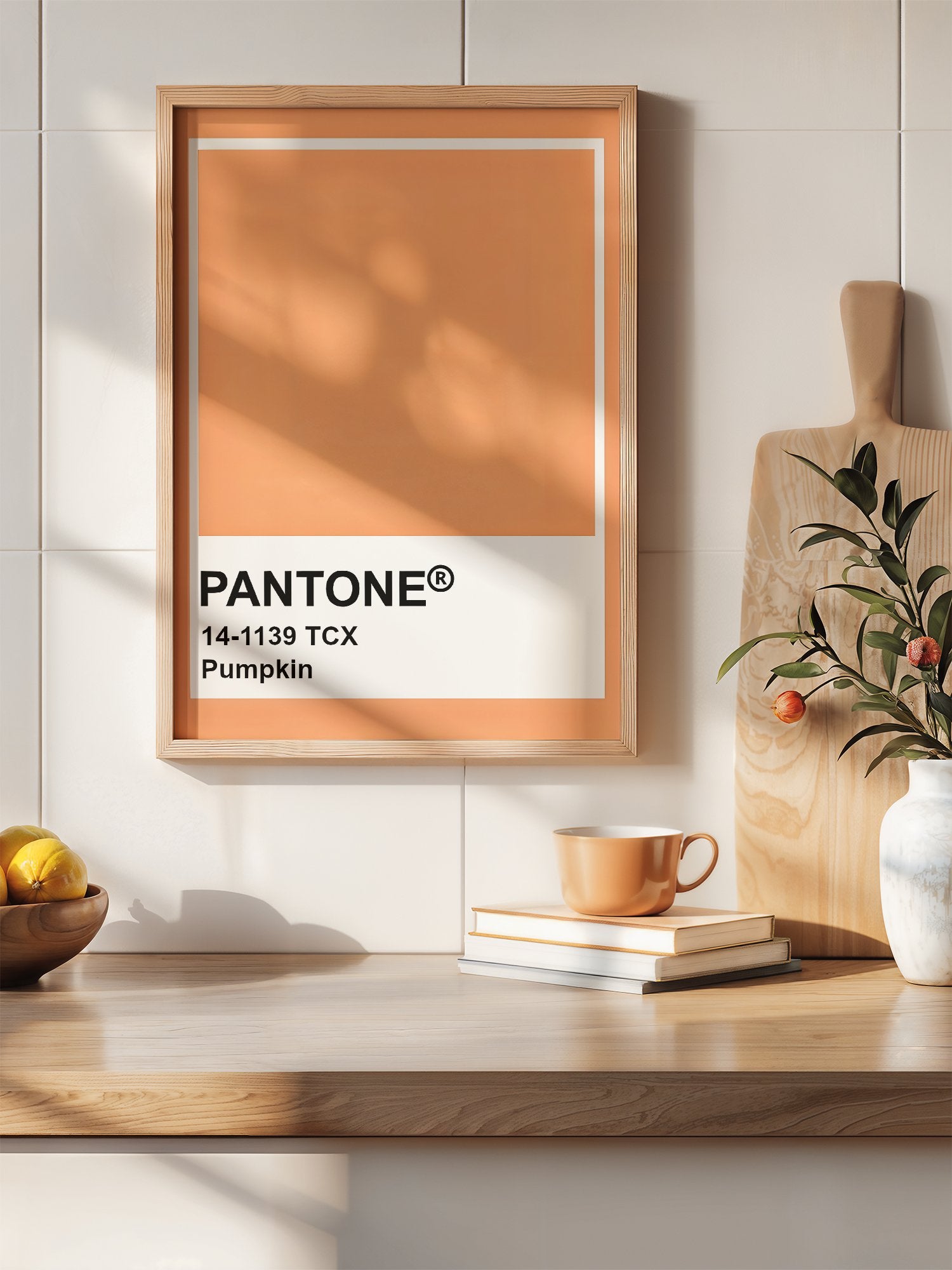 Pantone Pumpkin 14-1139 TCX orange wall art print, minimalist graphic poster, hanging in contemporary bedroom interior