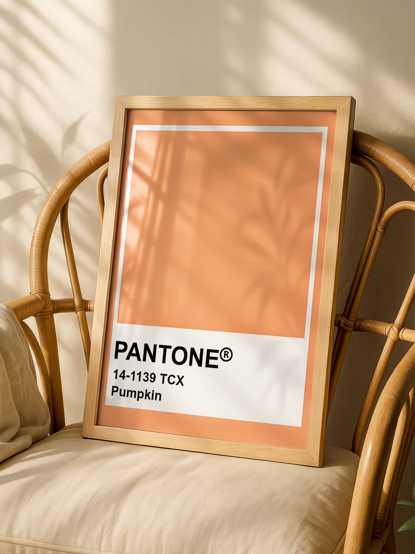 Pantone Pumpkin 14-1139 TCX orange wall art print, minimalist graphic poster, shown in minimalist home office space