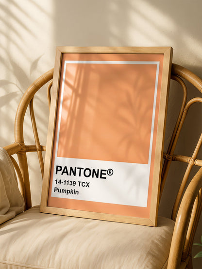 Pantone Pumpkin 14-1139 TCX orange wall art print, minimalist graphic poster, shown in minimalist home office space