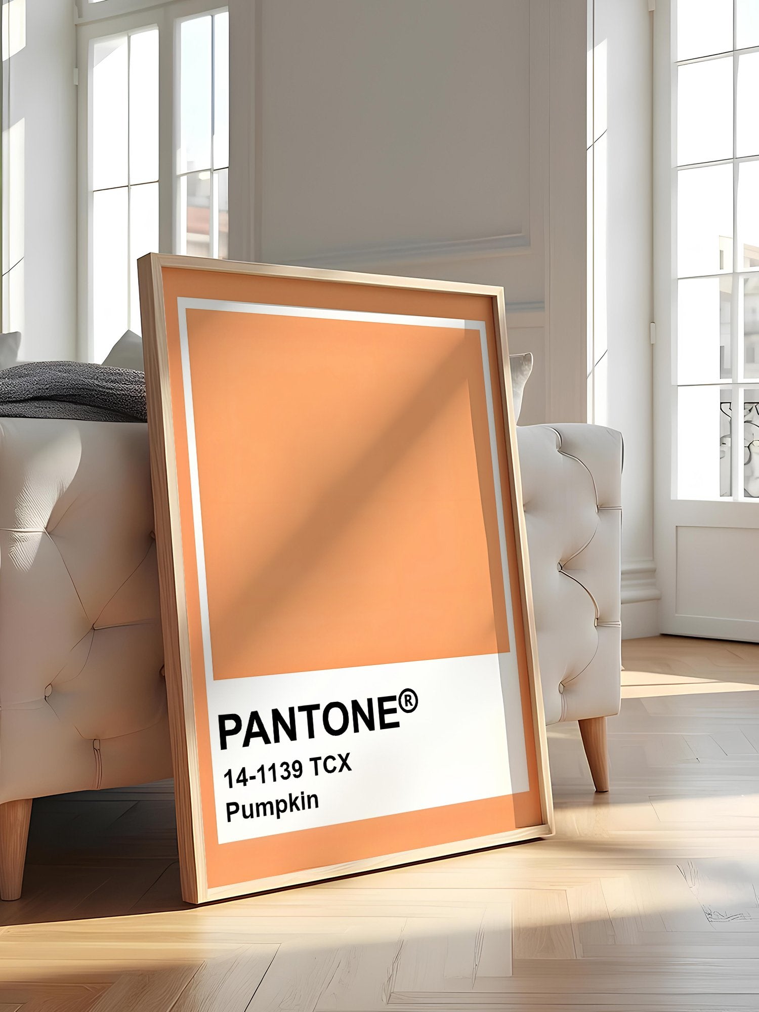 Pantone Pumpkin 14-1139 TCX orange wall art print, minimalist graphic poster, featured in stylish apartment decor
