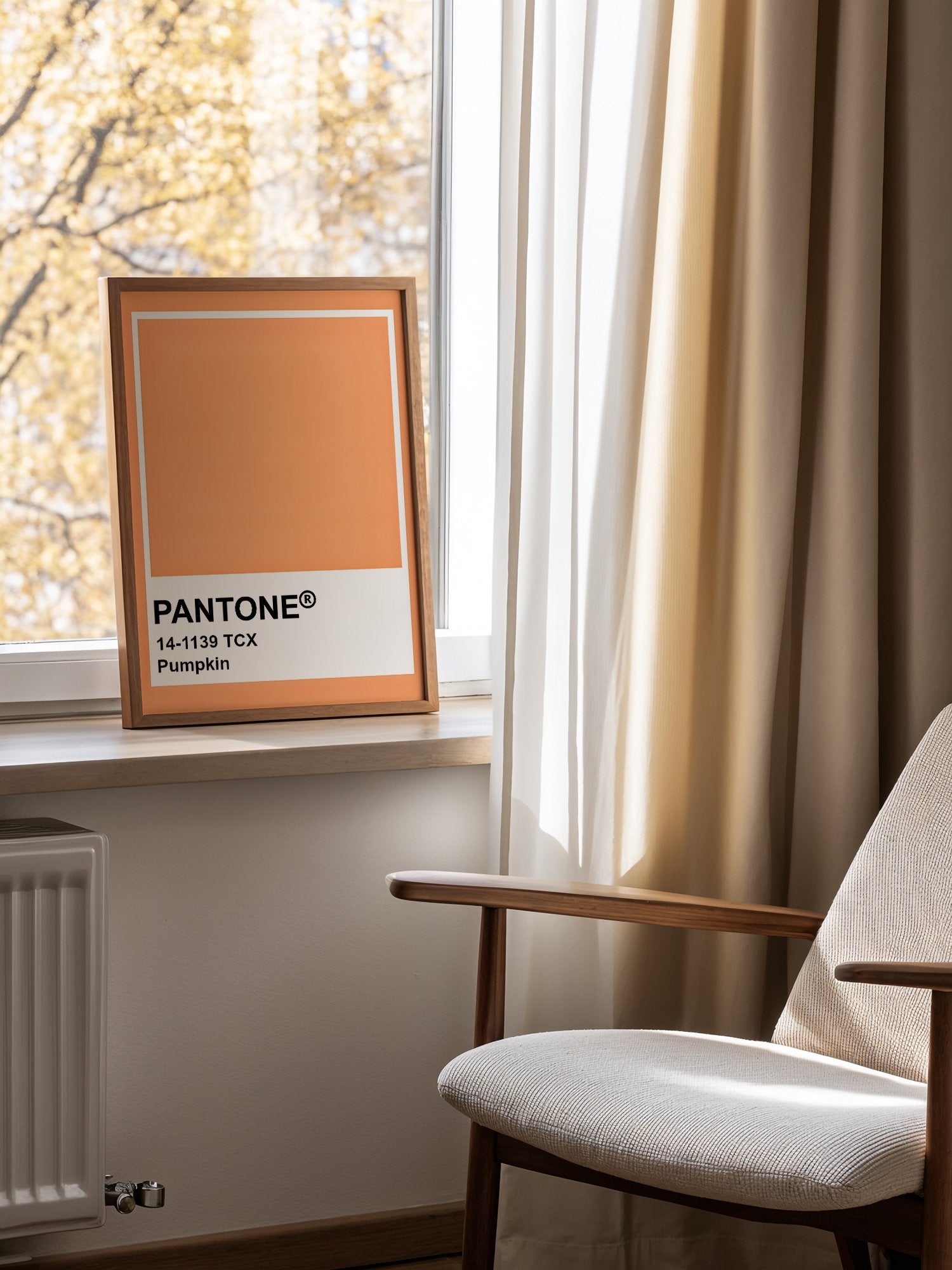 Pantone Pumpkin 14-1139 TCX orange wall art print, minimalist graphic poster, mounted in bright gallery wall arrangement