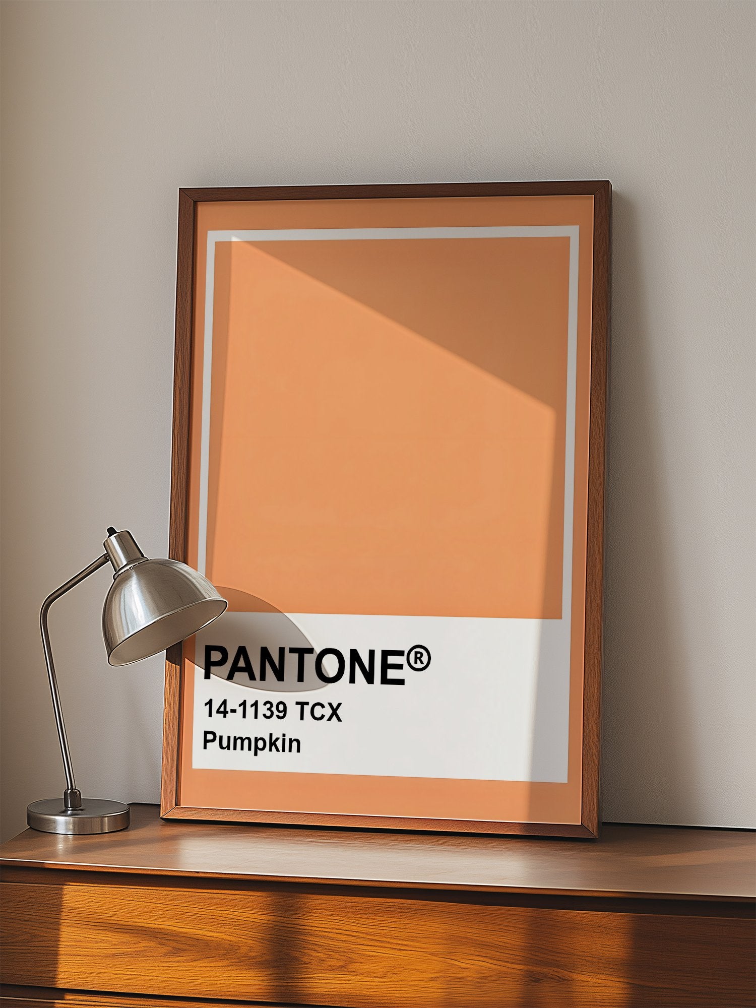 Pantone Pumpkin 14-1139 TCX orange wall art print, minimalist graphic poster, displayed in modern living room setting