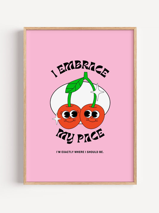 Retro illustration of two smiling cherries with faces, pink background, embrace, close-up showing print texture and color ...