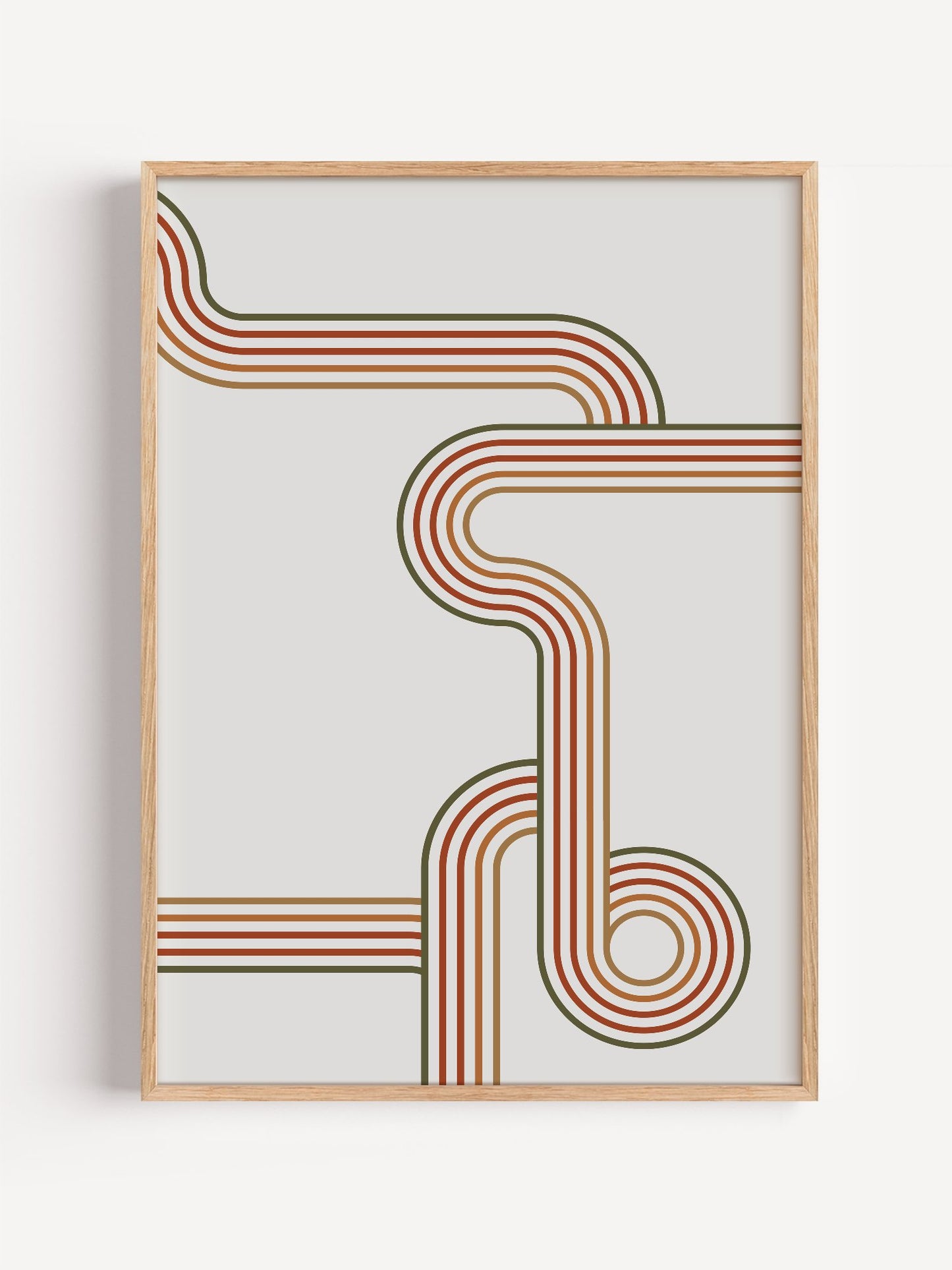 Abstract geometric wall art with flowing curved parallel lines in rust red, close-up showing print texture and color detail