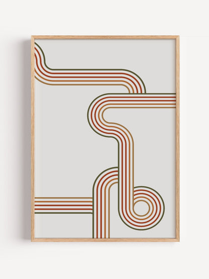 Abstract geometric wall art with flowing curved parallel lines in rust red, close-up showing print texture and color detail