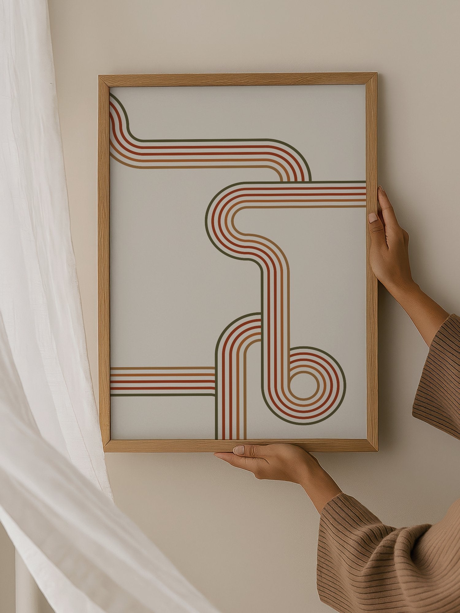 Abstract geometric wall art with flowing curved parallel lines in rust red, hanging in contemporary bedroom interior