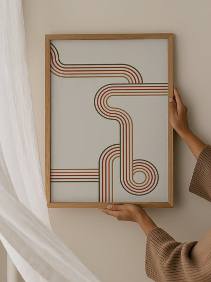 Abstract geometric wall art with flowing curved parallel lines in rust red, hanging in contemporary bedroom interior