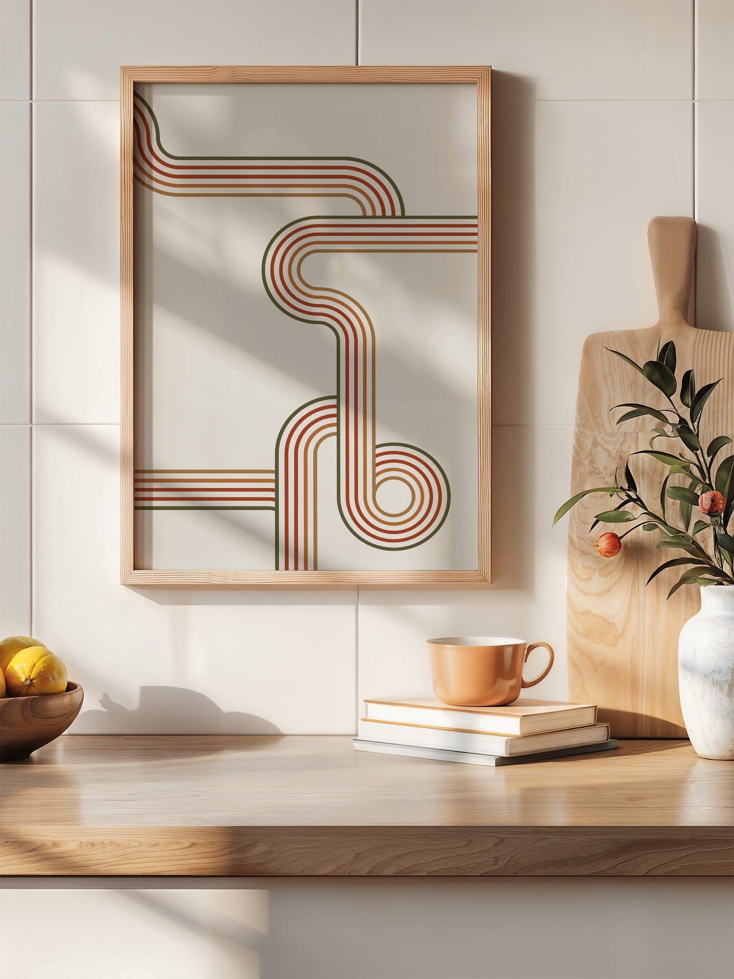 Abstract geometric wall art with flowing curved parallel lines in rust red, hanging in contemporary bedroom interior