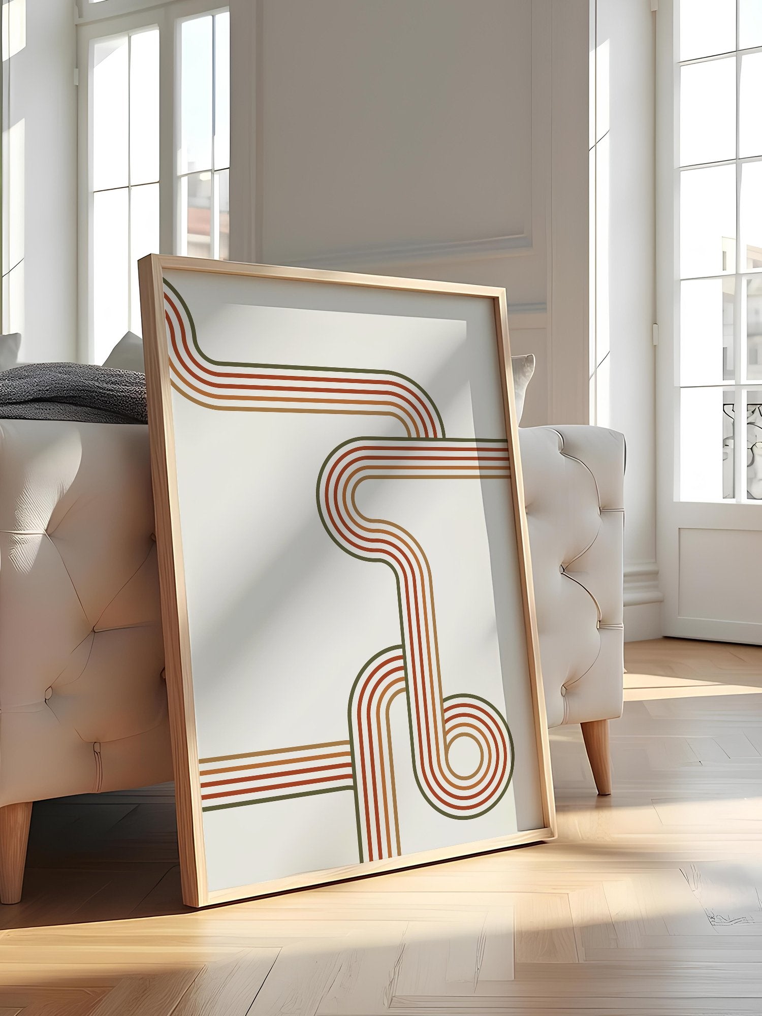 Abstract geometric wall art with flowing curved parallel lines in rust red, featured in stylish apartment decor