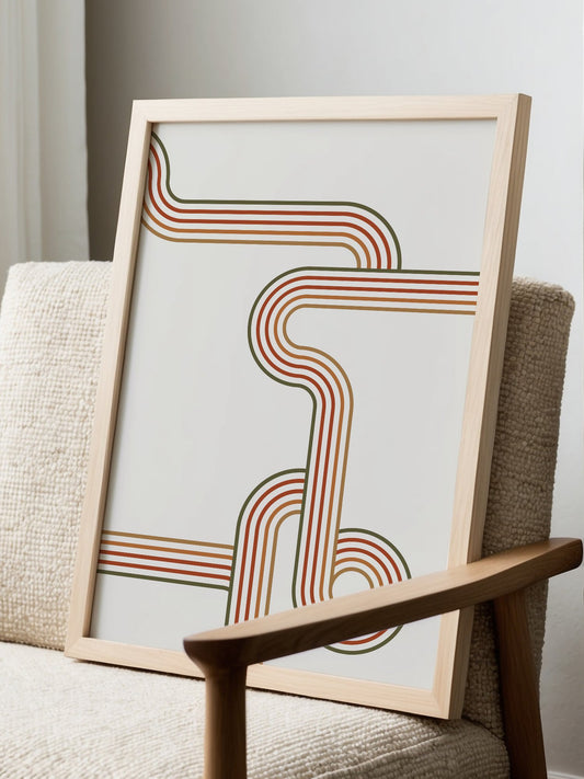 Abstract geometric wall art with flowing curved parallel lines in rust red, displayed in modern living room setting