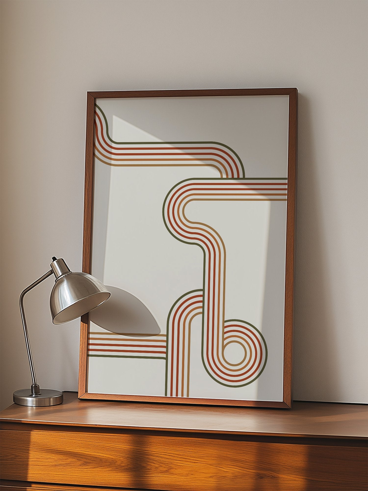 Abstract geometric wall art with flowing curved parallel lines in rust red, displayed in modern living room setting