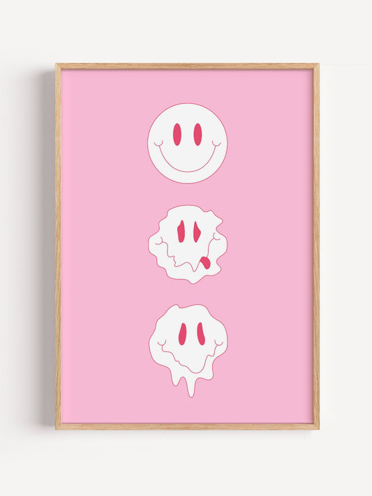 Three smiling blob character faces in minimalist pink line art style, stacked, close-up showing print texture and color de...