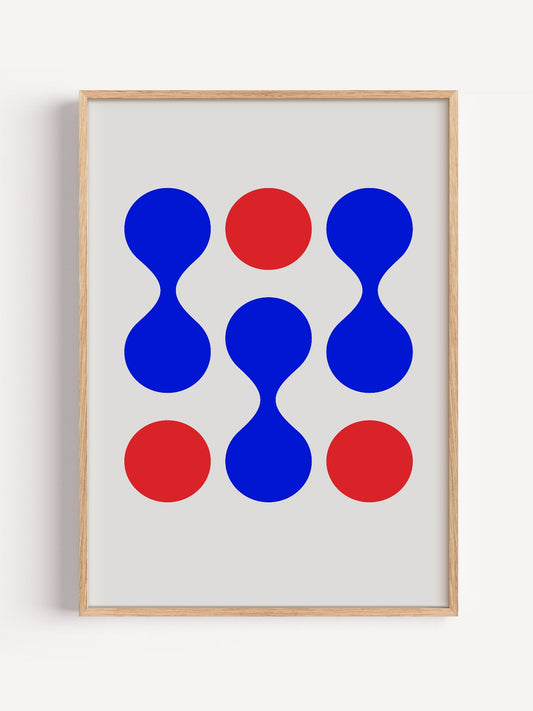 Geometric tic-tac-toe wall art with blue and red circles arranged in 3x3 grid, close-up showing print texture and color de...