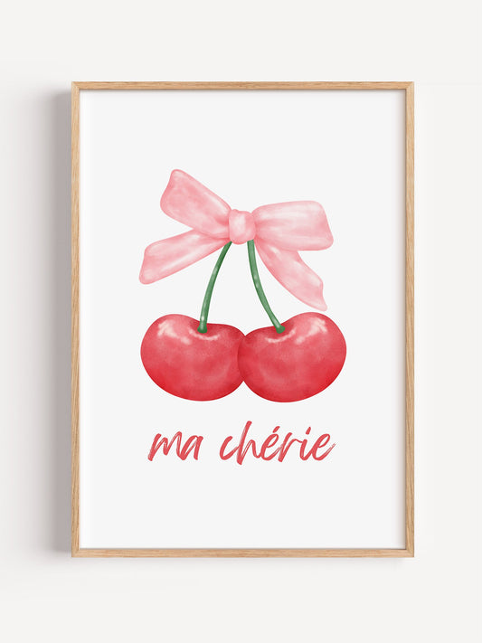 Watercolor cherries with pink bow illustration, romantic sweet design for wall, close-up showing print texture and color d...