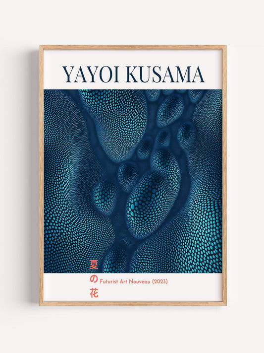 Yayoi Kusama abstract art print featuring blue dotted organic forms with cyan, close-up showing print texture and color de...