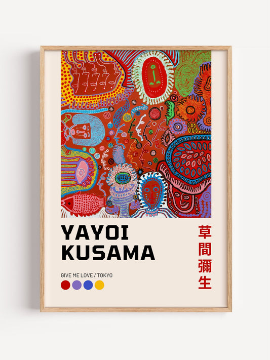 Yayoi Kusama Give Me Love Tokyo art print featuring colorful psychedelic faces, close-up showing print texture and color d...