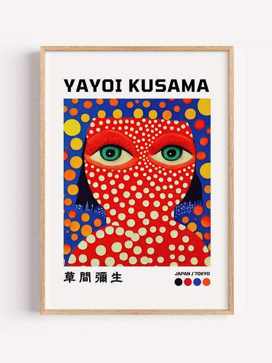Yayoi Kusama style portrait with red dotted face, green eyes, and colourful, close-up showing print texture and color detail