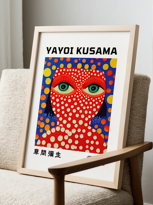 Yayoi Kusama style portrait with red dotted face, green eyes, and colourful, displayed in modern living room setting