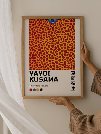 Yayoi Kusama Infinity Nets SSOP 2016 print featuring blue face emerging from, hanging in contemporary bedroom interior