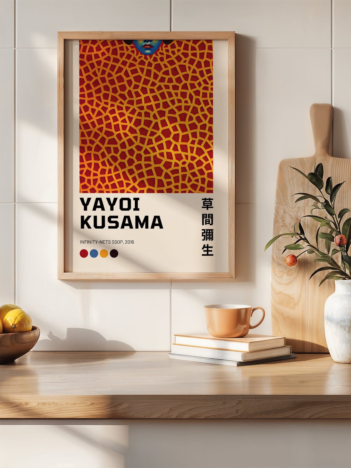 Yayoi Kusama Infinity Nets SSOP 2016 print featuring blue face emerging from, hanging in contemporary bedroom interior