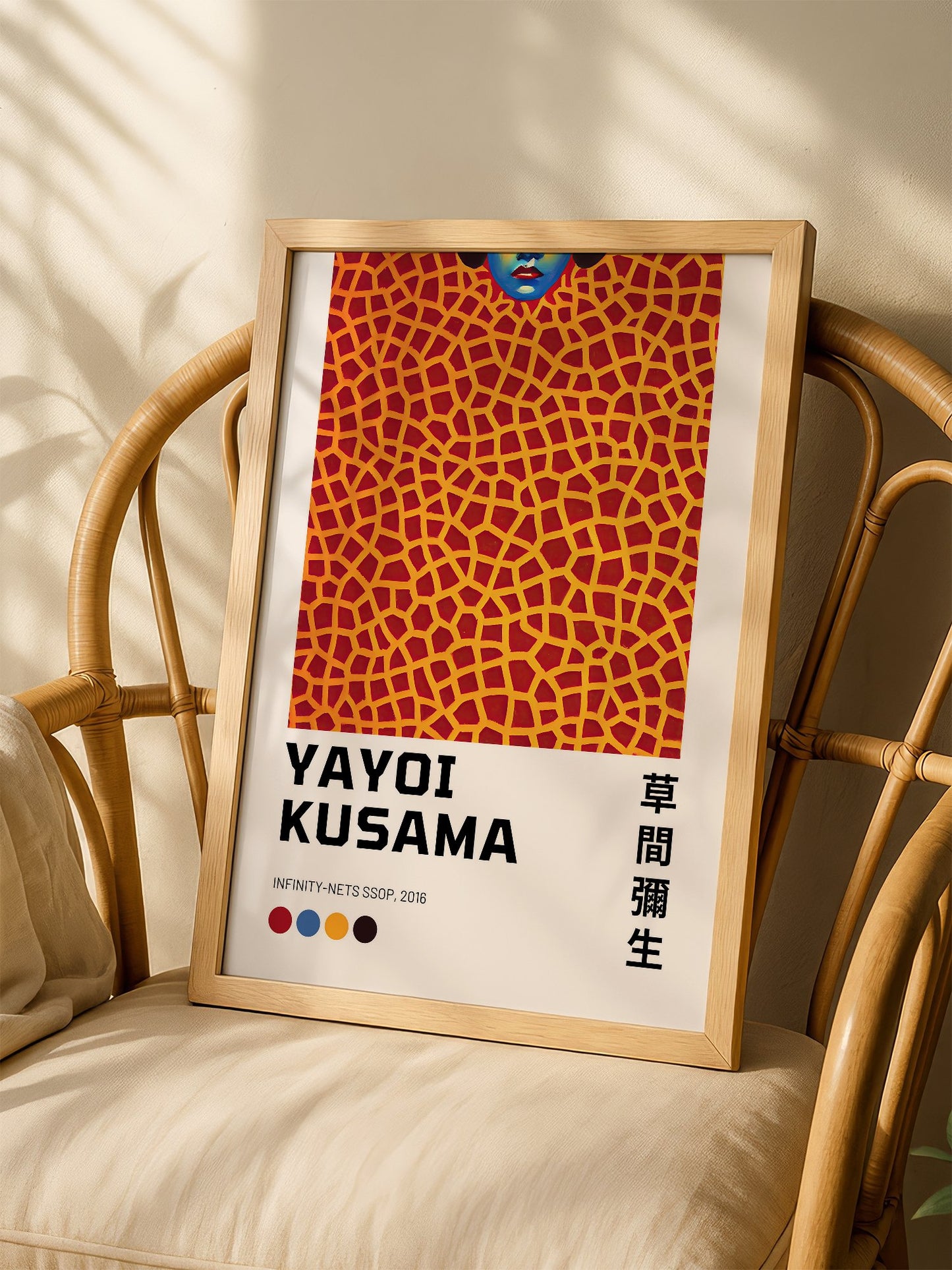 Yayoi Kusama Infinity Nets SSOP 2016 print featuring blue face emerging from, shown in minimalist home office space
