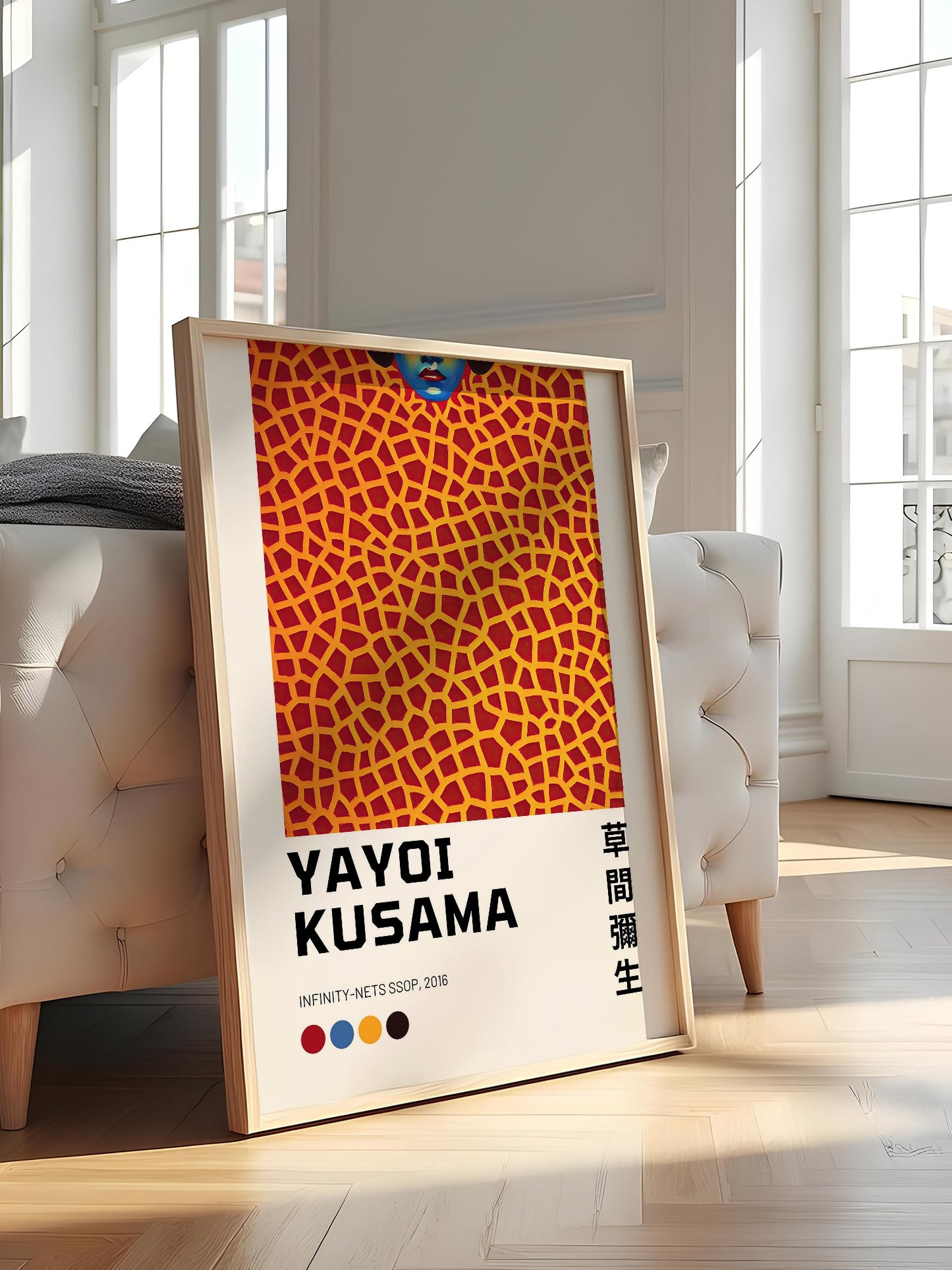 Yayoi Kusama Infinity Nets SSOP 2016 print featuring blue face emerging from, featured in stylish apartment decor