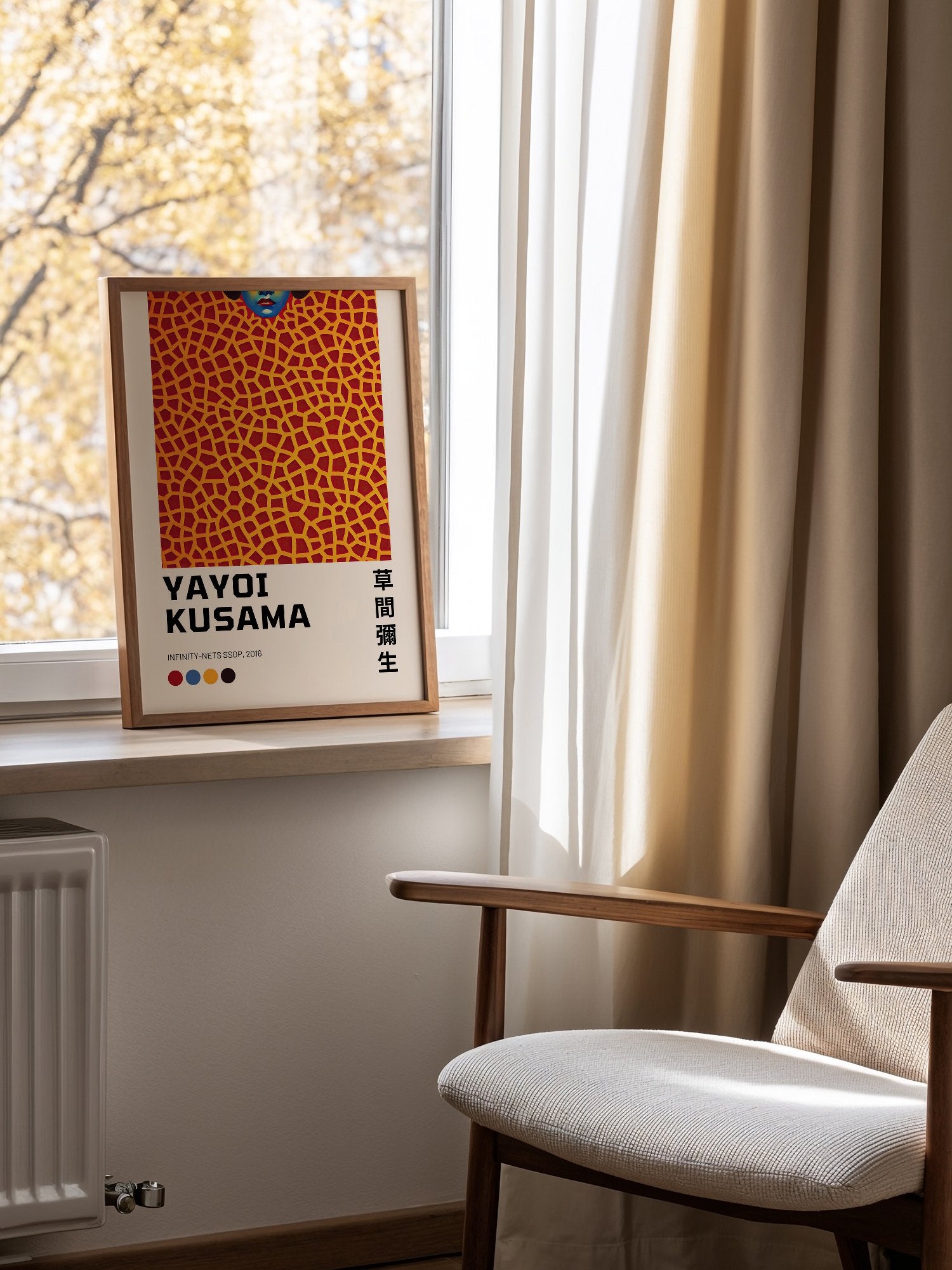 Yayoi Kusama Infinity Nets SSOP 2016 print featuring blue face emerging from, mounted in bright gallery wall arrangement