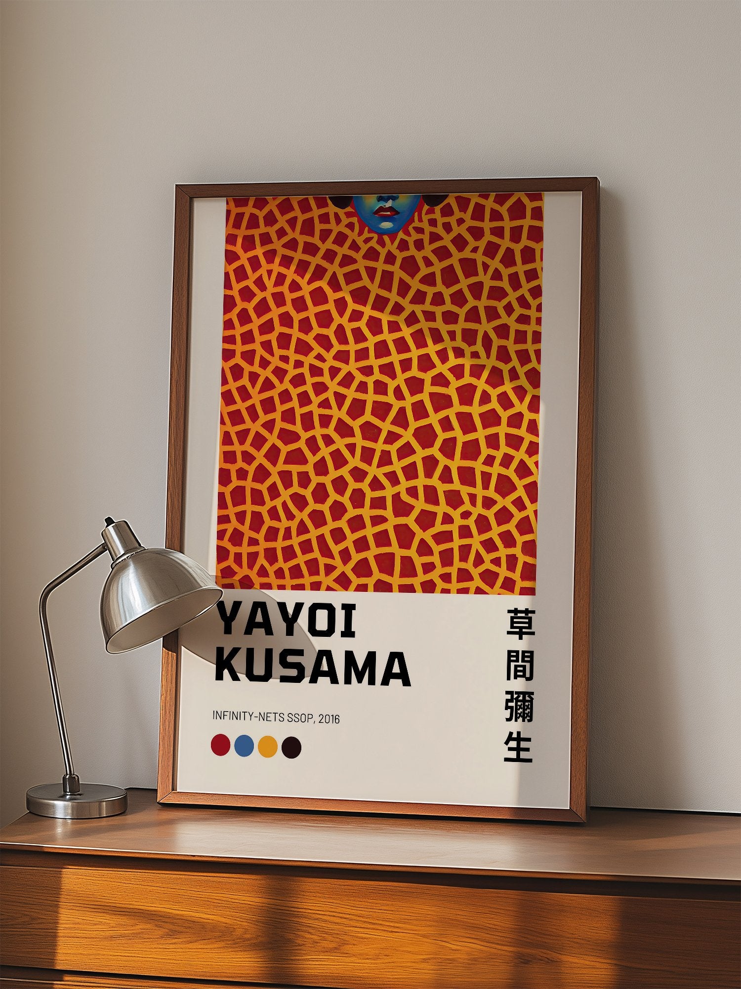 Yayoi Kusama Infinity Nets SSOP 2016 print featuring blue face emerging from, displayed in modern living room setting